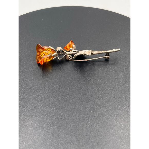 Baltic Cognac Amber Double Rose Brooch 925 Sterling Silver Hand Carved Signed - Picture 8 of 12